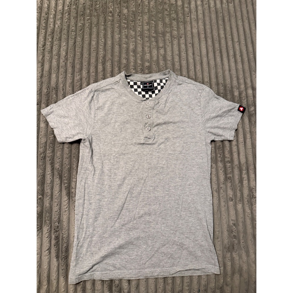 Airwalk Mens Henley Shirt Short Sleeve Heather Gray Checkered Neck Small